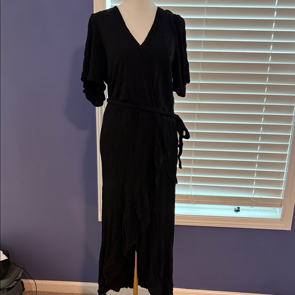 Rewind Black V-Neck Midi Dress with Tie Waist